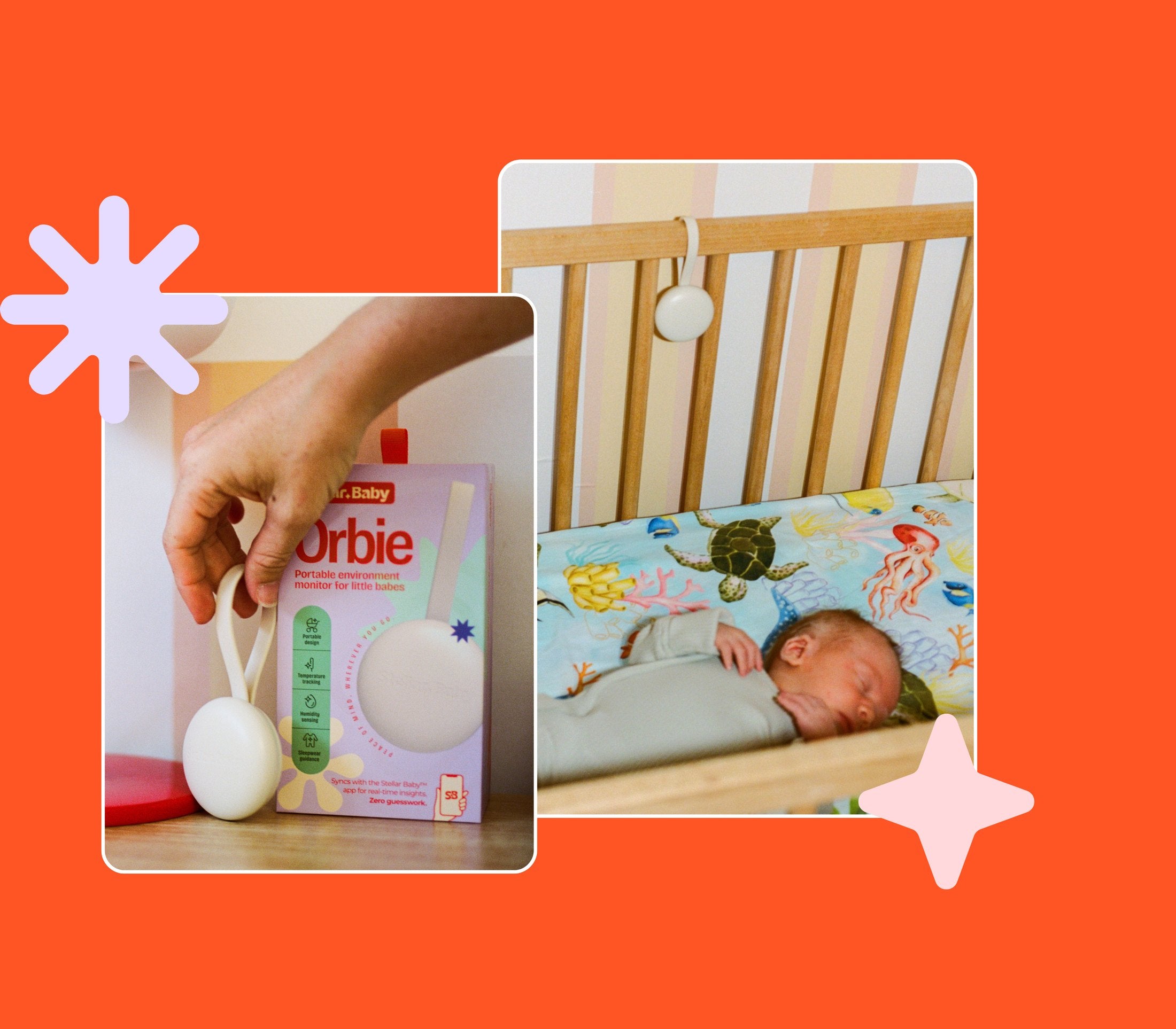 Orbie held in hand, beside a baby asleep in a cot