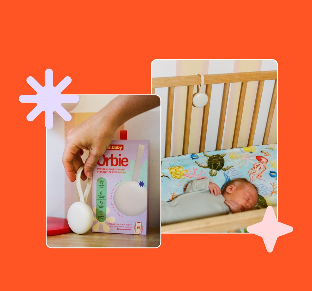 Orbie held in hand, beside a baby asleep in a cot