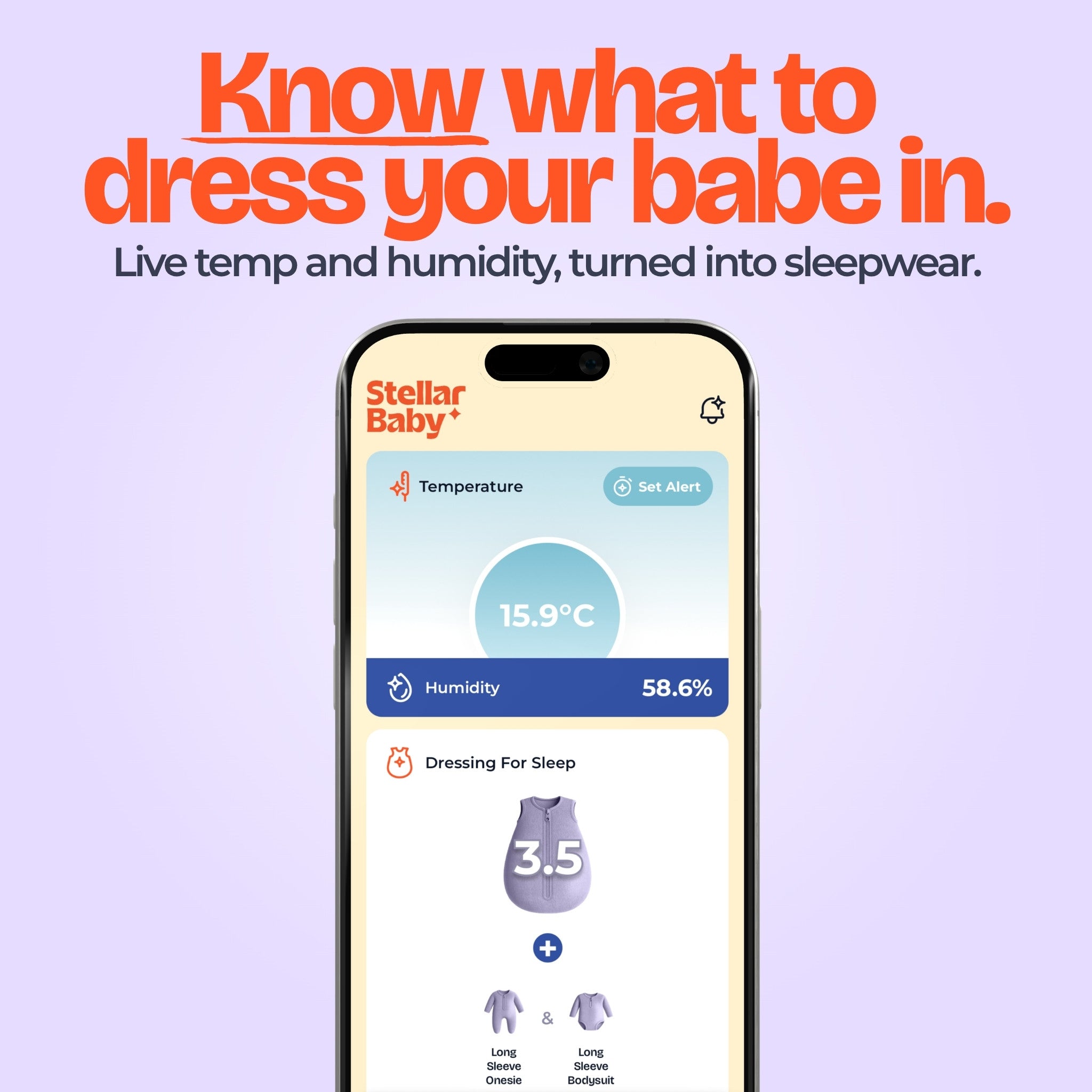 Orbie by Stellar Baby app screen showing a live reading of 15.9°C and 58.6% humidity turned into sleepwear guidance: a 3.5 TOG sleep bag with a long sleeve onesie and long sleeve bodysuit.