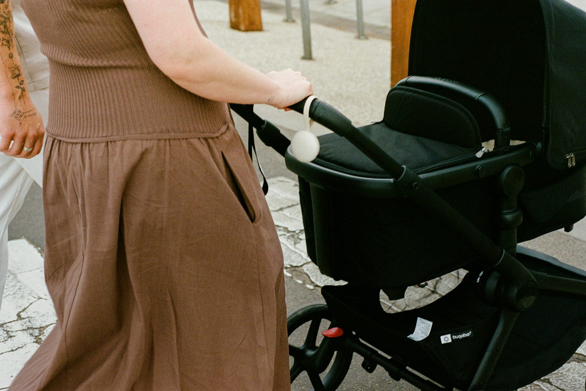 Orbie clipped to a pram handle while out walking