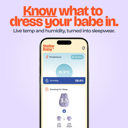 Orbie by Stellar Baby app screen showing a live reading of 15.9°C and 58.6% humidity turned into sleepwear guidance: a 3.5 TOG sleep bag with a long sleeve onesie and long sleeve bodysuit.